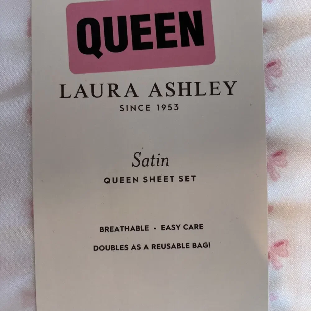 Laura Ashley Satin Queen Pink Bow Ribbon 4 Pc Deep Pocket Sheet Set NEW